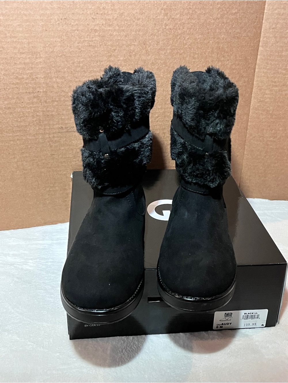 G by Guess Black Faux-Fur Cuff Ankle Boots w Gold Tone Accents